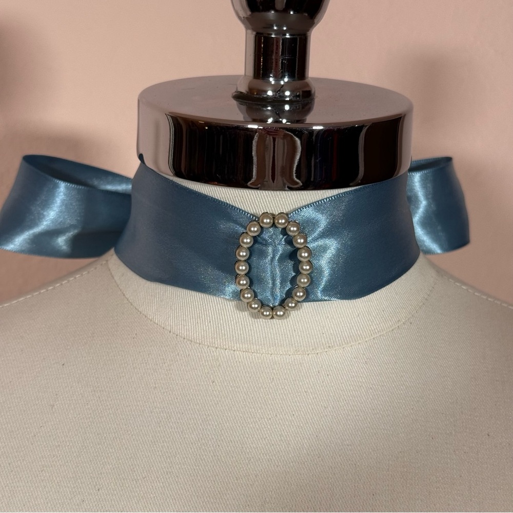 Antique Victorian Art deco Pearl Buckle Blue Ribbon wide Choker Necklace - Picture 15 of 17